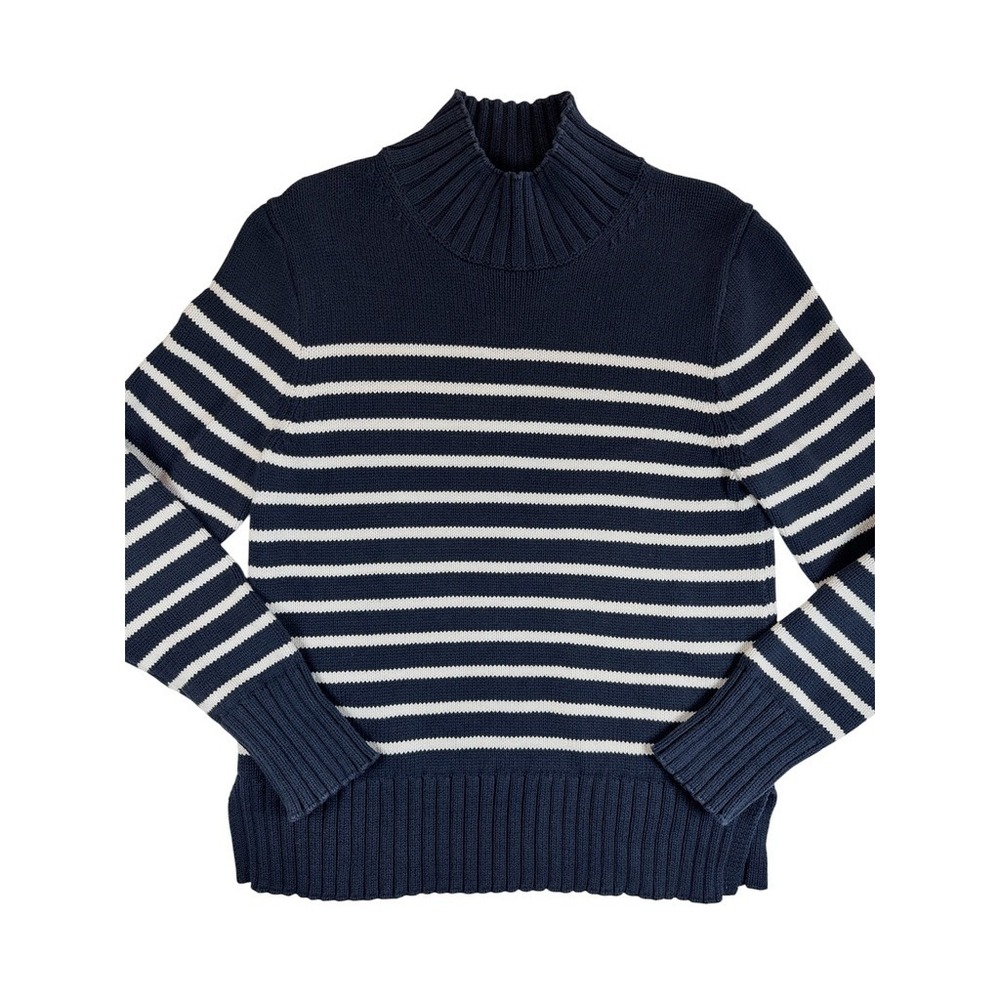 J.Crew‎ Sweater Women Medium Navy Blue Striped Re-Imagined Cotton Mock Neck